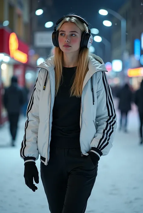 Beautiful girl, 21 years old , photo model,  blonde , European ,  straight hair , 4 chest size ,  walks through the night city in winter ,  snow falls ,  full height image , side to the viewer ,  blush on the face ,  wearing black pants  "joggers ",  white...