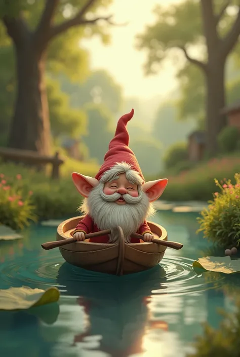 "A serene, idyllic scene of a cheerful gnome sailing a tiny, old-fashioned slipper boat across a tranquil pond, set in a picturesque rustic landscape with warm sunlight filtering through the trees, a soft earthy color palette, and a sense of peacefulness a...