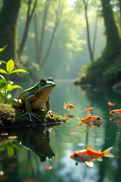 realistic frog and fish in the pond