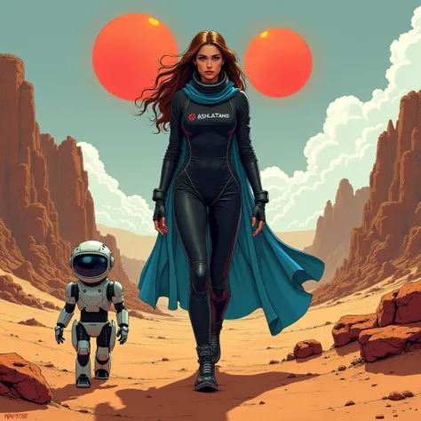 dunes high brown darl high, a blue and whitish sky, Two sun red in skay, dark orange atmosphere, neutral color, wearing a blue silk robe and a robo human, a woman with brown skin, black astronaut suit, brown hair, AshlaTano logo, without helmet, sci fi sce...