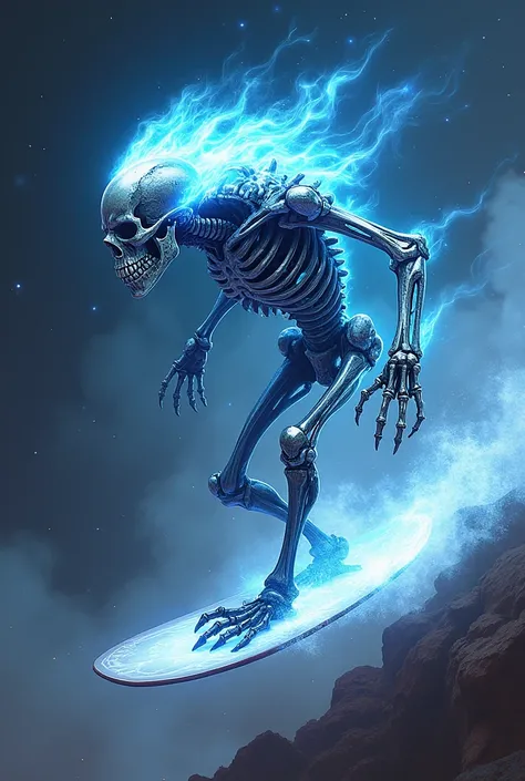 A spectral, skeletal beast glowing with ethereal blue flames, combining the essence of Ghost Rider and Silver Surfer. Its body is a seamless fusion of molten metal and bone, shimmering like liquid chrome. The creatures skull is engulfed in ghostly flames, ...