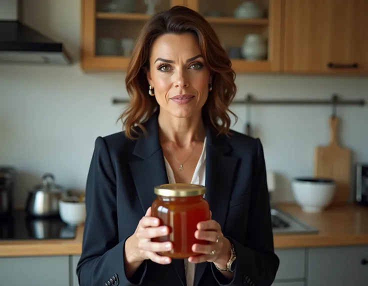 woman, 45 years old, Brazilian, in a kitchen, dressed as a boss ,  holding a jar of jelly in front