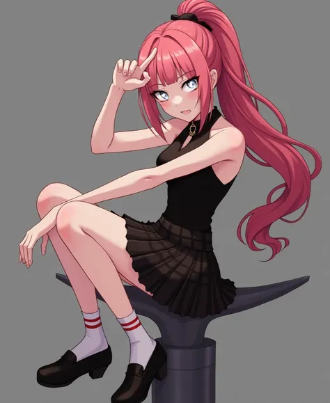 hair:

 Long and pink, tied as a deep ponytail.

 front with straight bangs.

 Alternatively worn as a bun, with loosely hanging strands.


Eyes:

 Bright white, with a slightly threatening charisma.


Clothing:

black, sleeveless halter top.

short, black...