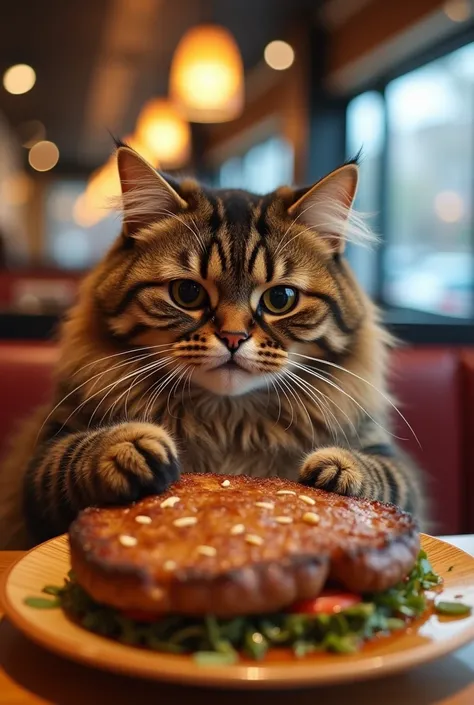 Generate realistic photos of your cat&#39;s meals。In the photo、The photo shows a very fat brown tabby cat eating a hamburger steak with both hands.。Cat seems to be eating at expensive McDonald&#39;s。. 