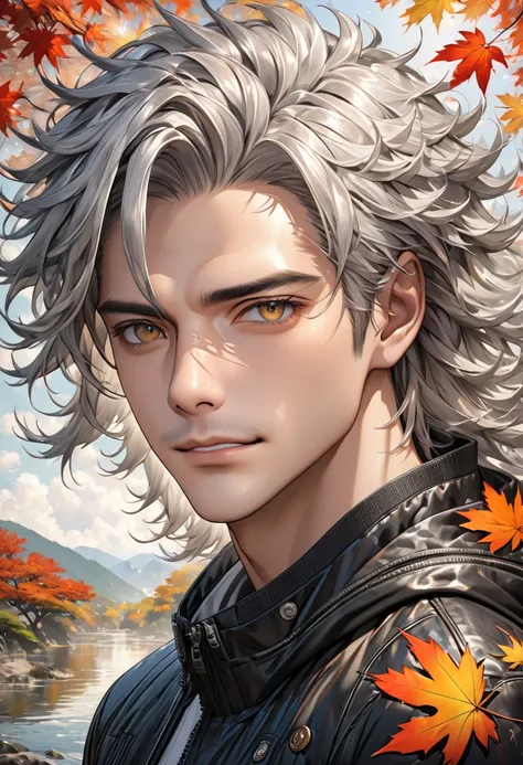 Handsome mature young boy, silver-haired man wearing black windbreaker( perfect anatomy ). messy hair, mane hair, dense hair, wild hair, expressive hair, Detailed face. handsome face, perfect face, Masculine, dark-golden eyes, realistic eyes. 
The face and...