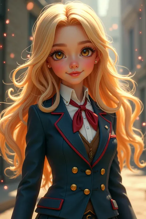 A bright, cute girl wearing a magic school uniform with blonde hair, long hair, and brown eyes.