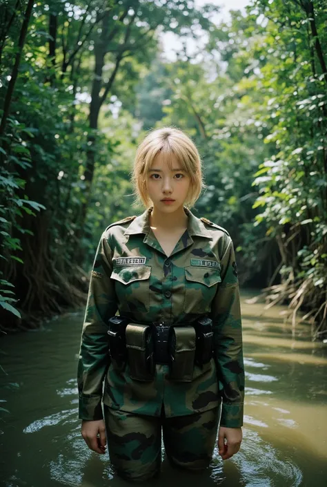 In this intense movie scene, a blonde-haired, korean beautiful girl soldier stands knee-deep in murky jungle water, her camouflage uniform blending seamlessly with the surroundings. Without a helmet, her piercing gaze seems to bore into the viewer as she h...