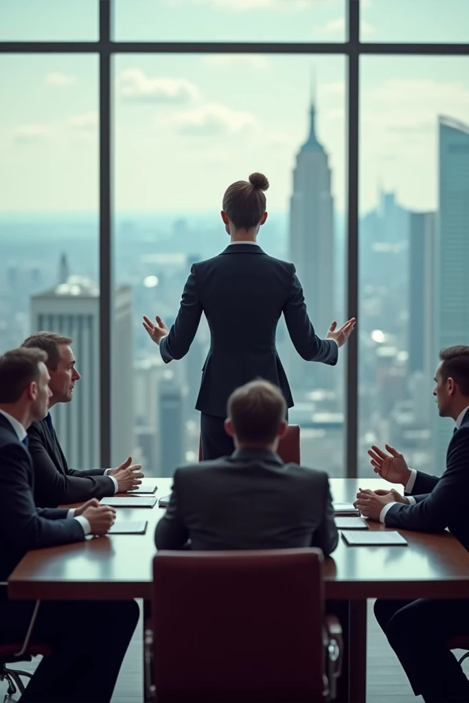 A front-facing female secretary with low hairbun hair is consulting with the leadership in a boardroom