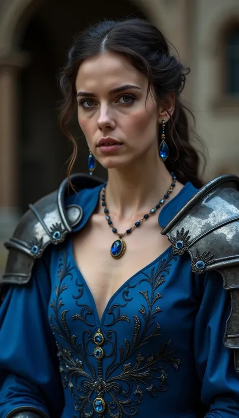 A noble ,  and has the disturbing appearance ,  has a blue dress ,  decorated with blue sapphire  , decorated with blue sapphire , sombre,  with a calculating look . She is talking to a knight in black armour decorated with blue gemstone