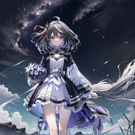 Light purple gradient hair, asymmetrical hair,（（Thick hair 1.8，Clear head outline 1.6））， Hair shawl,  messy hair,  very long hair ,  shiny hair ，(Long gray hair :1.2), A beautiful girl ，（ luxurious platinum mini lolita， 细节 ），（Transparent clothes transparen...