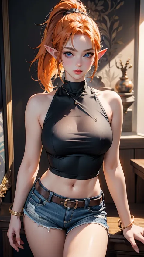 Almost full body, Solo, female, Elf, rude, ultra fine official art, ultra detailed 3D rendering, detailed seductive beautiful face, (detailed eyes, blue eyes), elegant natural makeup, detailed beautiful elf’s ears, ponytail, orange hair, athlete body , cur...