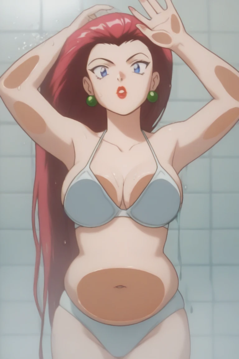 PMJessie Shocked, red hair, have a shower, long hair, blue eyes, Prominent Neck,  face focus, lipstick, earrings, breasts, wear a white bikini, show full belly complete,  in front of  bath glass,  tall height, chubby belly, slender tall body,  wet hair, we...