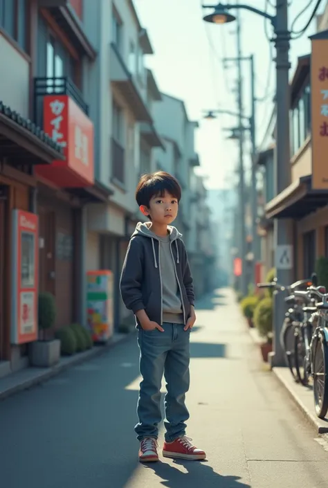 A slim Asian boy with a light complexion and a faint beard, standing alone on a quiet Japanese street. He has a calm, thoughtful expression and is wearing casual, stylish clothing such as a hoodie or jacket with jeans. The boy is facing forward, under soft...