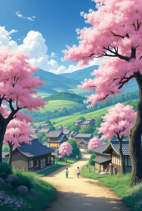 " Depicting a quaint Japanese village surrounded by hilly fields and lush greenery Highlighting the rural landscape surrounded by majestic cherry trees at the center of the village.  Capturing the serenity and simplicity of rural life , Touching traditiona...