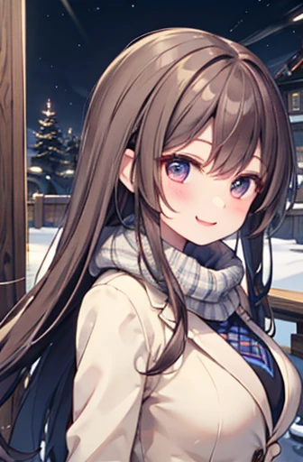 （Beautiful sister:1.3）、 happy face,Winter vibes 、In a suit、Goo Punch、noon、 brown hair, big breasts、 long hair 、