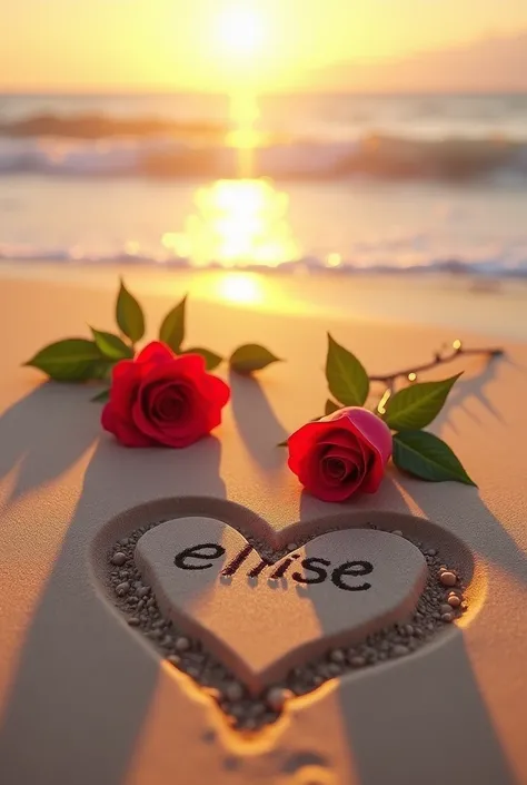 A 3D render of a serene beach scene at sunrise. Golden sun rays pierce through the horizon, casting a warm glow on the pristine sand. Two vibrant red roses lie in the sand, their petals slightly ruffled and contrasting against the lush green leaves. Surrou...