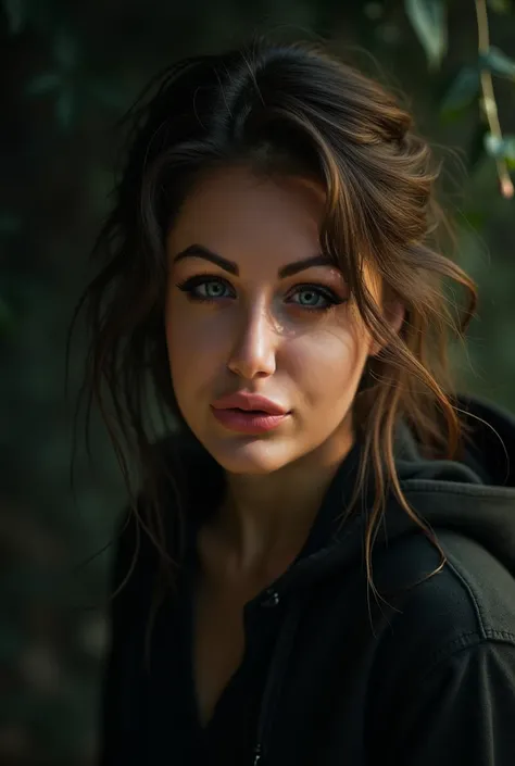 A captivating portrait of a young woman with tousled hair and striking green eyes, illuminated by a warm glow, exuding an aura of mystery and allure against a dark background.