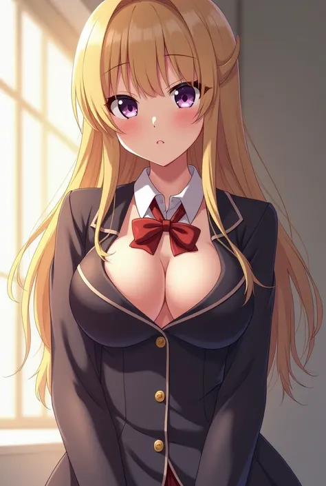 A  girl with blond hair in a school uniform has her nipples sticking out through her clothes in a sexy position