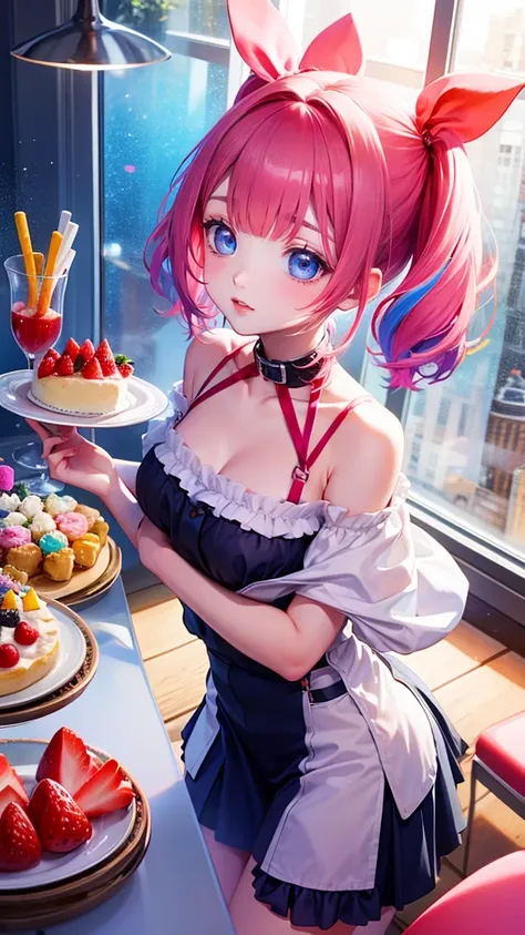  beautiful detailed fashion magazine style , Pink Hair girl wearing pastel decora fashion,  Exquisite Illustrations ,  ice cream, sweets, Sparkle, Rainbow, Particles of light,  cake, strawberry, fruit,  dynamic angle, pink theme, Pink Hair,  twin tails,  s...