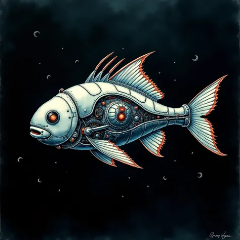 A strange robotic deep sea fish beyond imagination, watercolor with clear outlines, black background