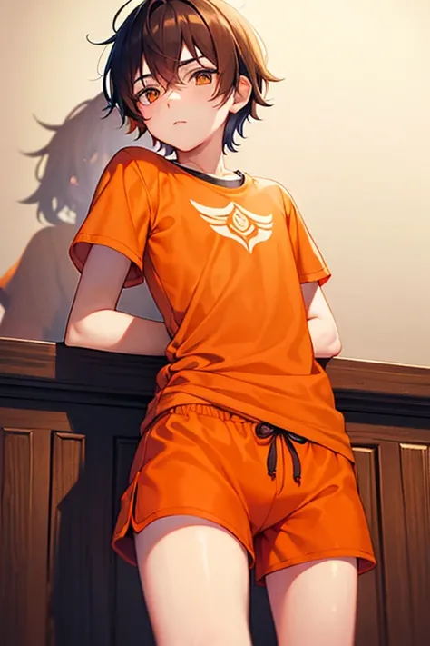 teenage boy wearing tunic and orange shorts, (beautiful detail eyes), ((best quality)), ((masterpiece))