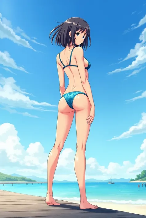 a woman in a bikini posing on a pier with a blue sky in the background, an anime drawing by Jin Homura, trending on pixiv, shin hanga, seductive anime girl, attractive anime girl, beautiful alluring anime woman, beautiful anime girl, beautiful anime woman,...