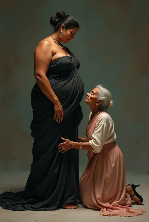 Curvy indian aunty wearing a long black silky petticoat and high heels. Her hair is tied in a bun. An old woman is on her knees in front of the curvy aunty worshipping the curvy aunty. Curvy aunty is standing on the fingers of the old woman. The curvy woma...