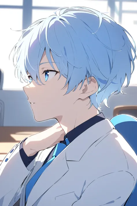 A boy, alone, ,Young man with a somewhat manly appearance ,  light blue hair ,  Cobalt blue eyes ,  slim but strong build ,  school uniform with jacket , in-ear headphones ,  slightly mismatched tie , stoic expression, slightly disheveled hair,  Soft ambie...