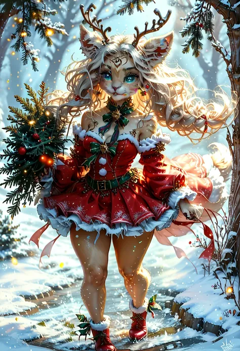  surrealism anthropomorphic elegant cute Christmas tree with two eyes runs from the fir forest in boots, holding an ax HDR humor 