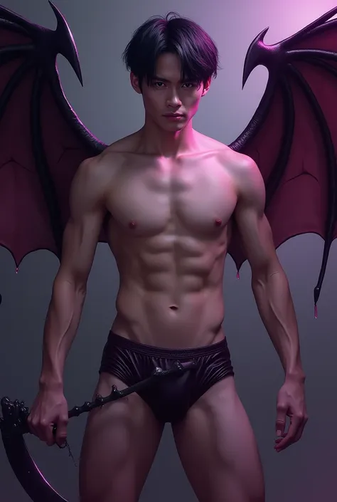 asian man, shirtless, wear dark purple colour leather type underwear, live in hell, expert in using scythe, Use dark magic, with devil wings, fantasy, realistic, short hair, black hair, dark purple eyes, Raise eyebrows,  tempting expression , full body. Ma...