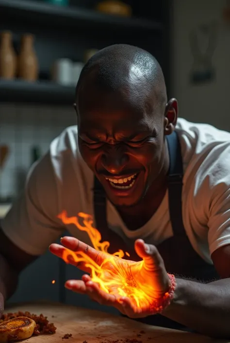 Homme noir  ayant un brûlure a la main de cuisine criant de douleur. brûlures réalistes 