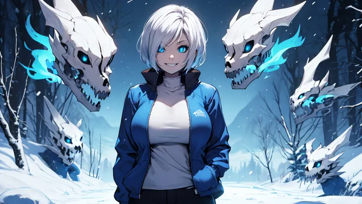 Toby Fox Undertale Sans Blue Jacket , Fire Eyes Skull Smile White Short Hair Luminous Face Blue Dragon Bone Cannon One Person Standing In Snow Town Femininefull Super huge big breasts breast enlargement