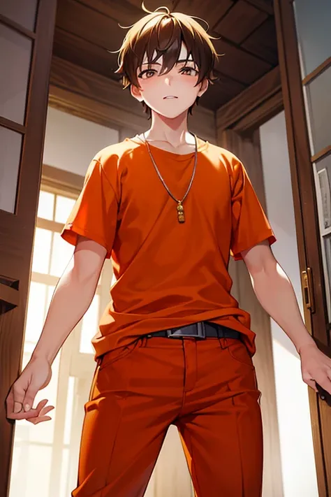 teenage boy wearing tunic and orange pants, (beautiful detail eyes), ((best quality)), ((masterpiece))