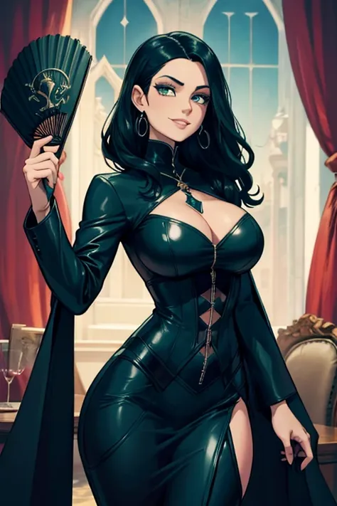 Perfect face. Perfect hands. A tall black haired woman with teal eyes and an hourglass figure in a Gothic leather suit is smiling while holding a leather fan in a Gothic ballroom.