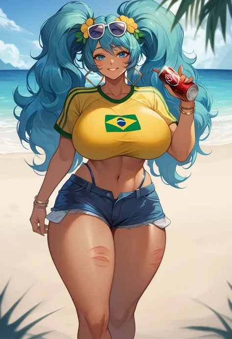 Brazilian Miku, dark skin, Brazilian sportswear, blue big twin ponytails, Super huge big breasts breast enlargement, standing alone on the beach with blue eyes, floral headdress, sunglasses on forehead, holding Brazilian soda in hand, sun marks, denim shor...