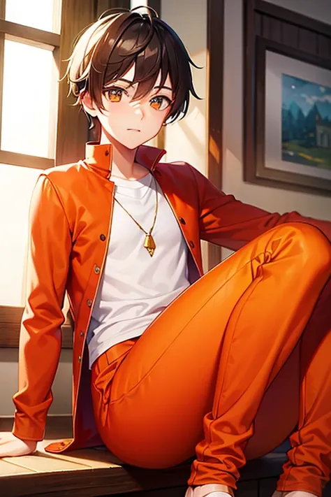 teenage boy wearing tunic and orange pants, (beautiful detail eyes), ((best quality)), ((masterpiece))