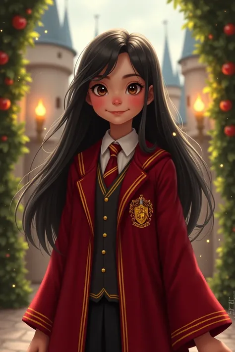 A cute, cheerful girl wearing a Gryffindor magical school uniform with long black hair and brown eyes.