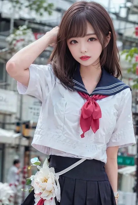  sailor suit 、White summer clothes、The collar is black 、 white three lines 、 sailor suit の丈は短い、 red scarf length is short、 pleated skirt、 the pleats are narrow 、 black skirt、 length short skirt 、 Mini Skirt、Long eyelashes、Many eyelashes、Eyelashes are brist...