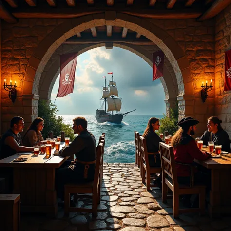 Its a medieval tavern, but its pirate themed, and theres a pirate ship in the sea in the back. pirate-themed tavern. Pirate flags all around and pirates sitting around rectangular tables for 4 people drinking beer.