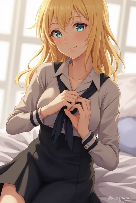 A  girl with blond hair in a school uniform has her nipples sticking out through her clothes in a sexy position