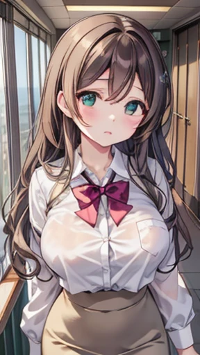 Nozomi Tojo, Kitojo , Green Eyes,  brown hair, Curly hair,  Big Breasts ,   Masterpiece ,  best quality,  high definition ,  beautiful detailed eyes,  Highly detailed face, Good lighting,  CG in detail,  messy hair , School, corridor,  white blouse,   grey...