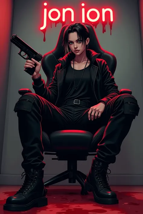 in the background there is the name jonjon on the wall, An anime-inspired character sitting confidently on a blood-stained gaming chair, dressed in an all-black outfit. The character wears a black jacket over a black shirt, black cargo pants, and black boo...