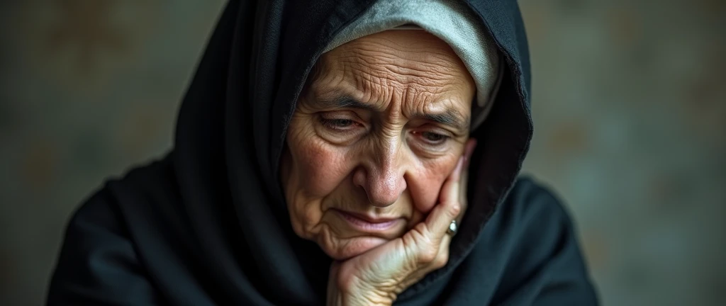 The face of a sad old woman in a hijab with her hand under her chin and thinking