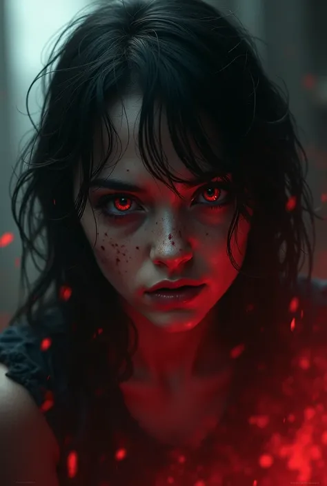  Best quality , masterpiece, 8 k, raw, 1 girl, (()),  color scheme red,  dramatic light ,  violence everywhere , s blood gore Destruction in background,  background dark and blurred , (angry expression:1.4), ( eyes:1.2),  red eyes , (Heterochromia:1.2), ne...