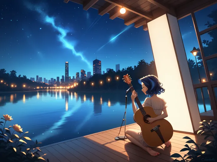 A serene night sky scene perfect for LOFI music, featuring a calm starry sky with the Milky Way stretching across it. In the foreground, there is a silhouette of a quiet cityscape with soft glowing neon lights or a tranquil natural landscape with a peacefu...