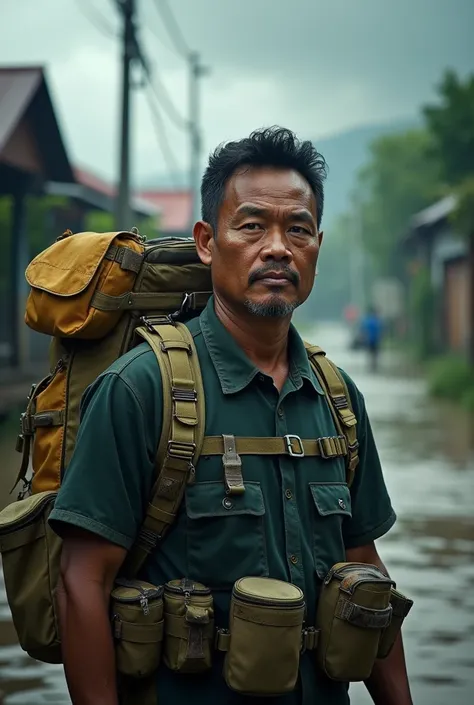 Create a realistic go-bag ready with essential items typically included in an emergency flood bag. Wearing by a malay man. In front of disaster. multilayered dimensions, rustic charm. Energetic tones. Cinematic 