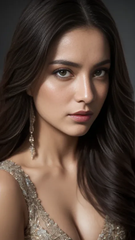 20 years old, Portrait of A confident-looking indian girl long flowing hair, (facing,90 degree to camera, looking at camera) hazel and brown big eyes, sitting on sofa, close up face, beautiful detailed nose, sexy detailed lips, (detailed skin texture), bok...