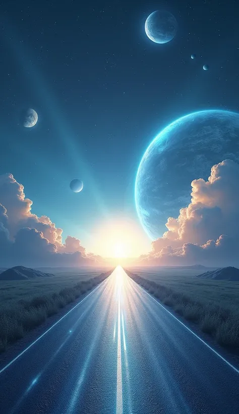  A road of light leading to a utopian horizon, with planets shining in the background .
