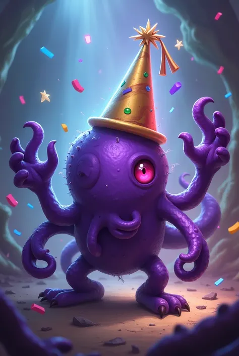 Velkoz z league of legends uzywajacy swojej super umiejetnosci zeby był slodki i mial na sobie party hat z gry runescape