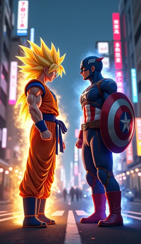 "A dynamic scene set in Tokyo at night, with neon lights illuminating the city streets. On one side stands Goku in his iconic orange gi, hair glowing golden in Super Saiyan form, radiating power and determination. On the opposite side, Captain America stan...